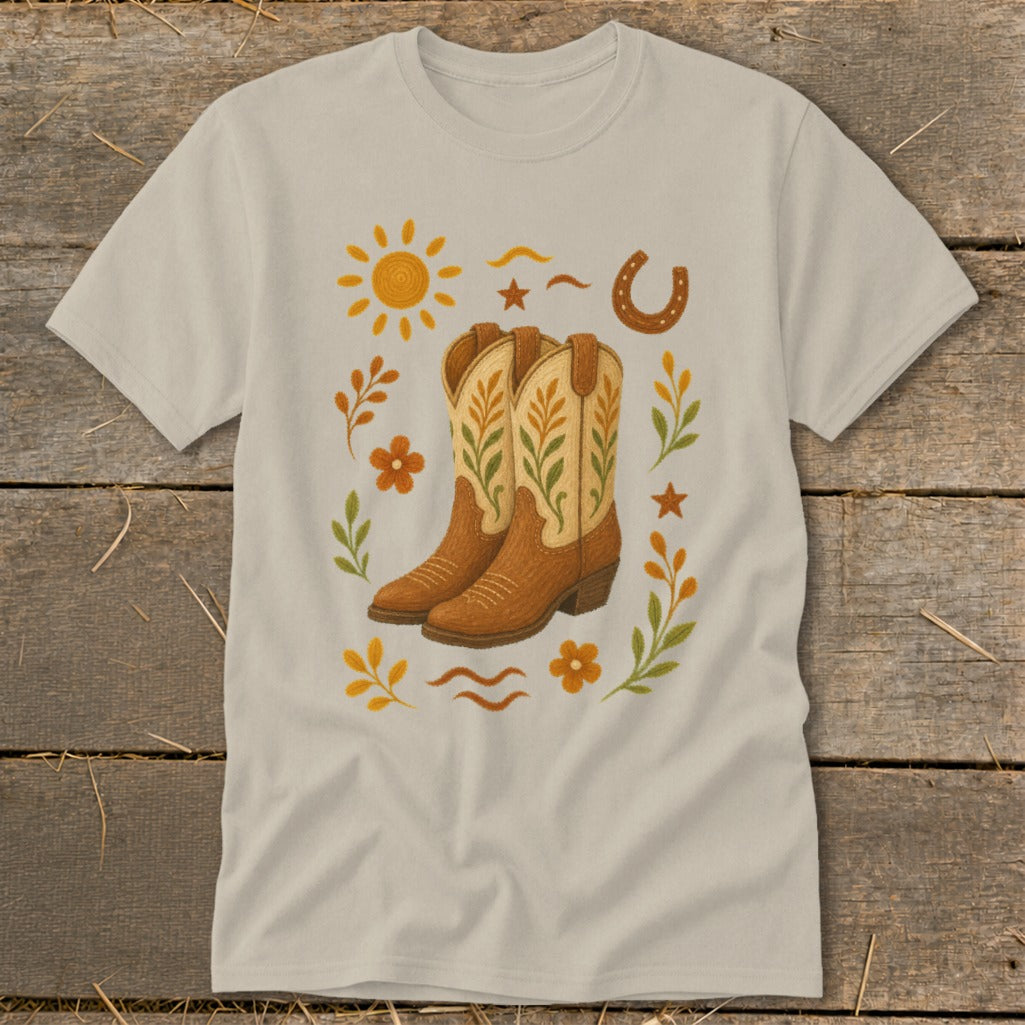 Cream t-shirt with cowboy boots, sun, horseshoe, and floral graphics.