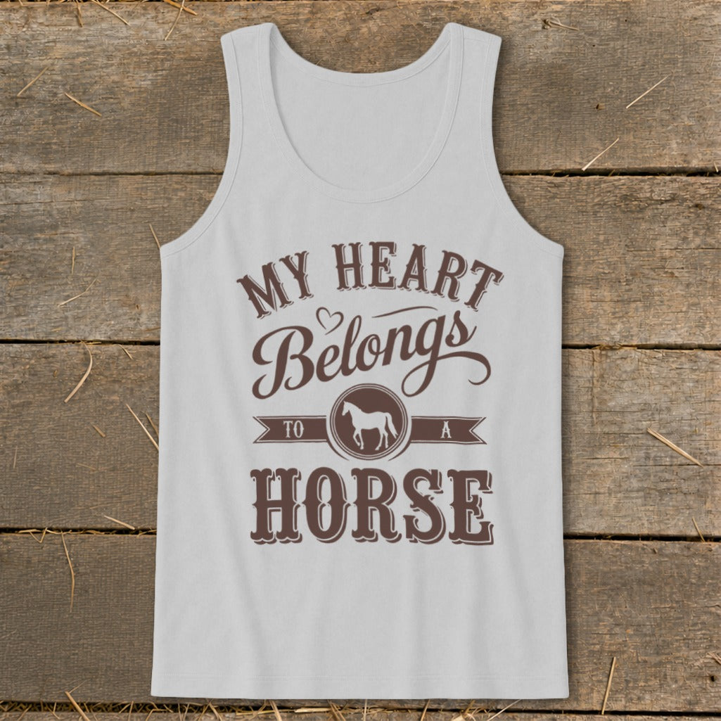 White tank top with brown text "My Heart Belongs to a Horse" and horse silhouette.