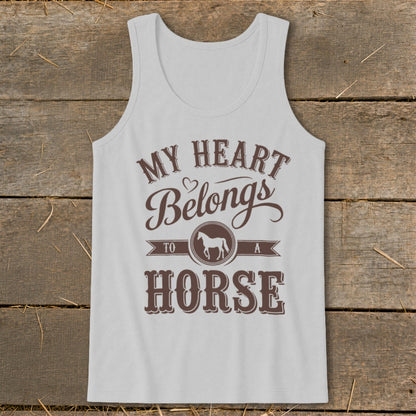 White tank top with brown text "My Heart Belongs to a Horse" and horse silhouette.