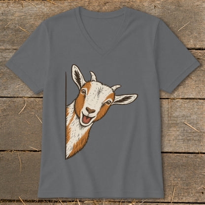 Gray t-shirt with a cartoon goat peeking from the side with a wide smile.