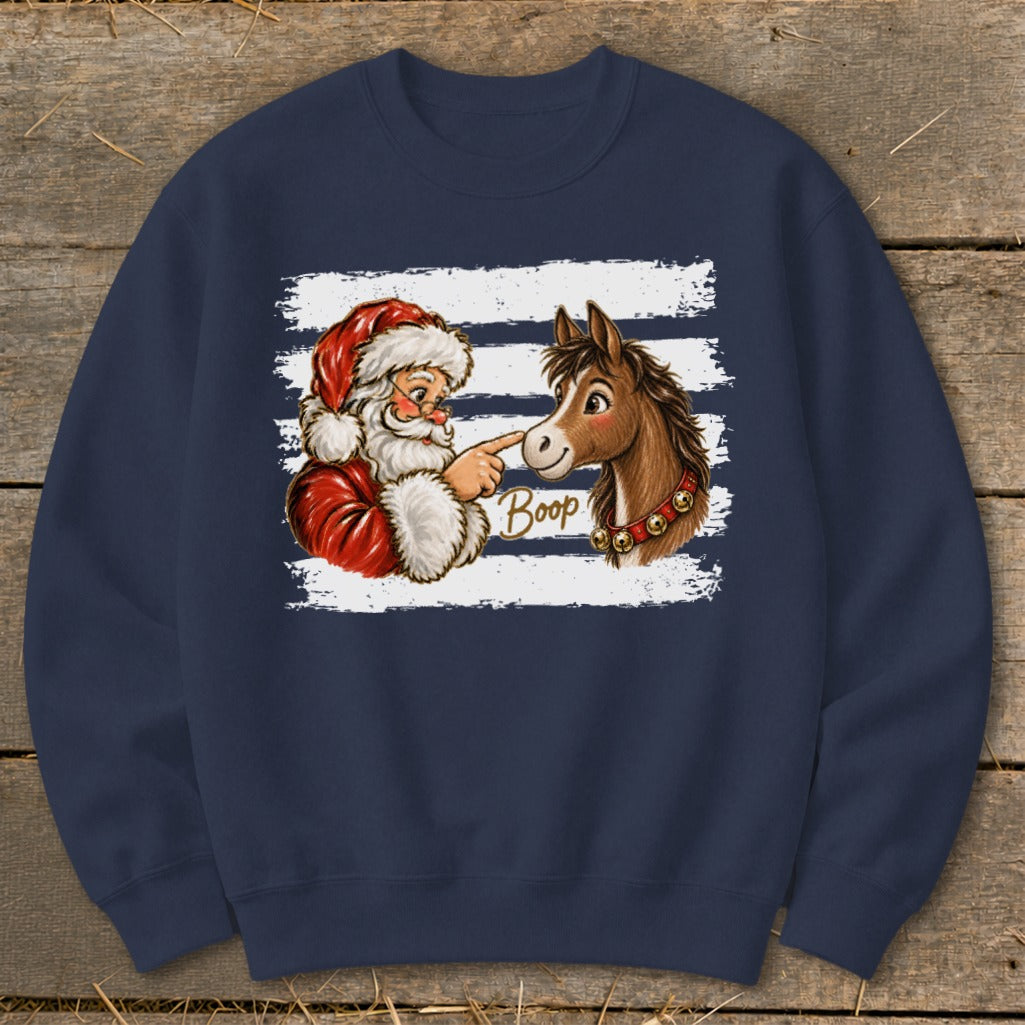 Santa booping a horse on the nose with text "Boop" on a navy sweatshirt.