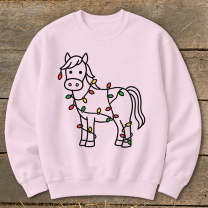 Pink sweatshirt with a line drawing of a horse decorated with colorful Christmas lights.