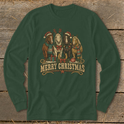 Four horses in Christmas hats and scarves with "Merry Christmas" text below.