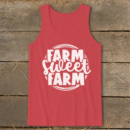 Red tank top with white text reading "FARM Sweet FARM" inside a circle.
