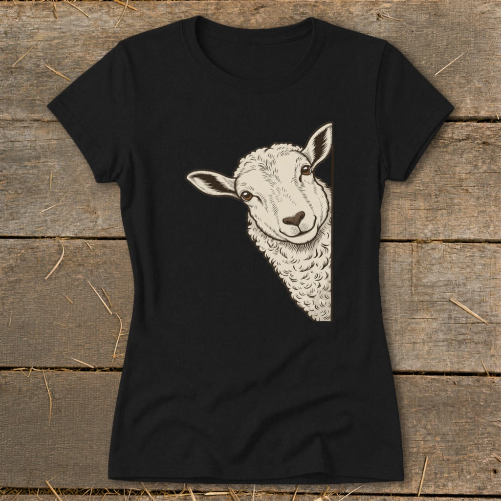 Black t-shirt with a peeking sheep illustration on the chest.