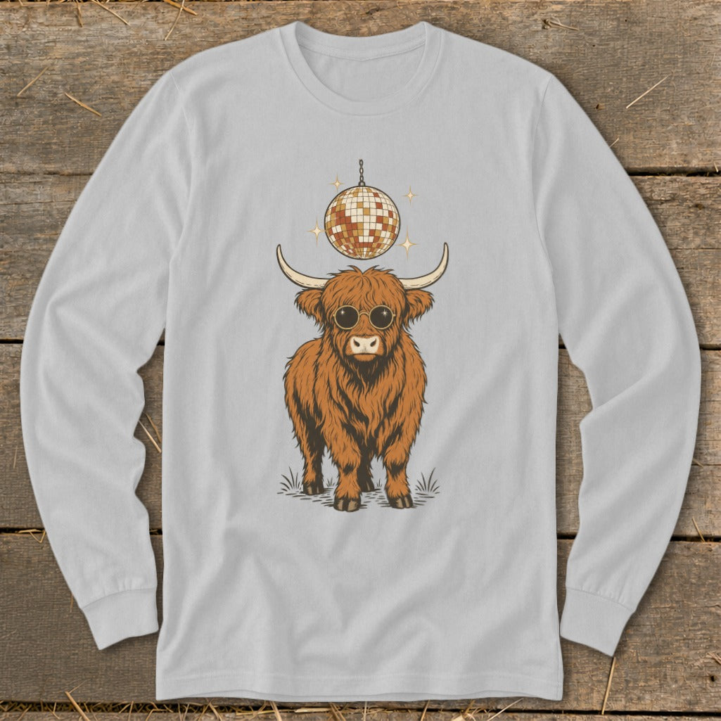 Long sleeve shirt with illustration of a Highland cow wearing sunglasses under a disco ball.