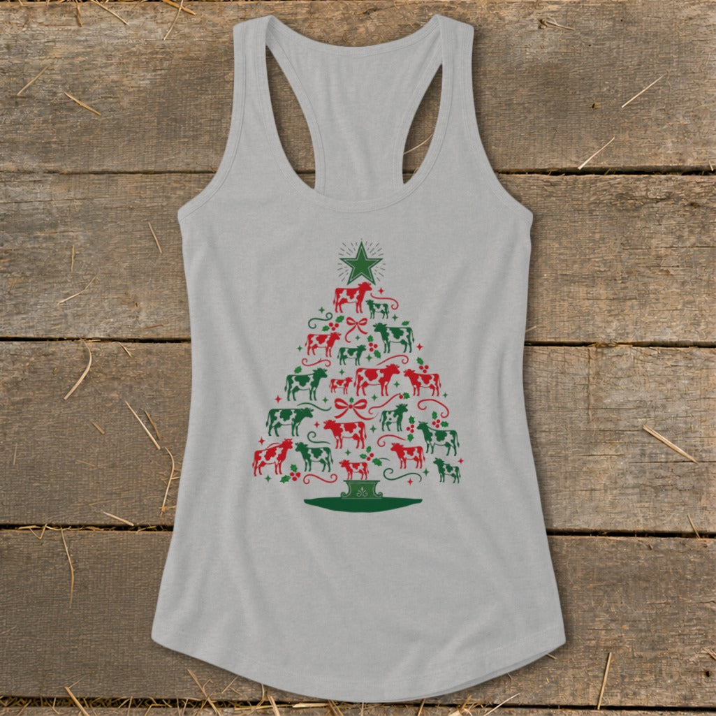 Grey tank top with Christmas tree made of red and green cows and holly.