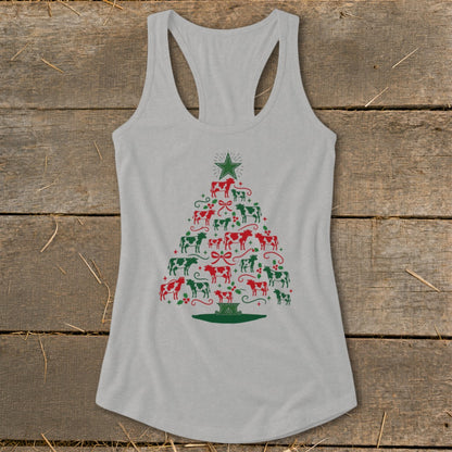 Grey tank top with Christmas tree made of red and green cows and holly.