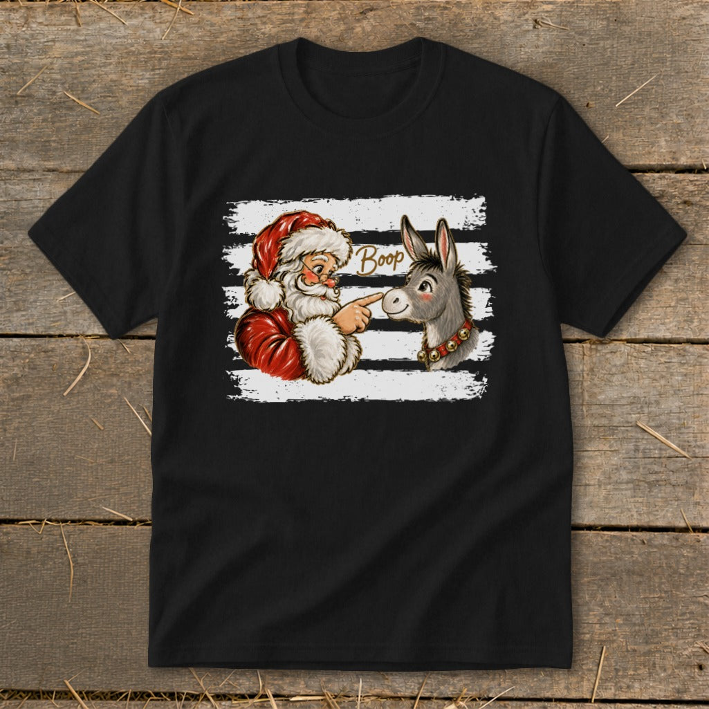 Santa touching a donkey's nose with text "Boop" on black t-shirt.