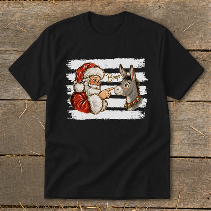 Santa touching a donkey's nose with text "Boop" on black t-shirt.