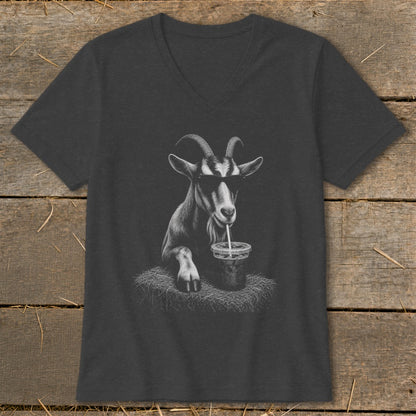 Goat wearing sunglasses drinks from a cup on a t-shirt.