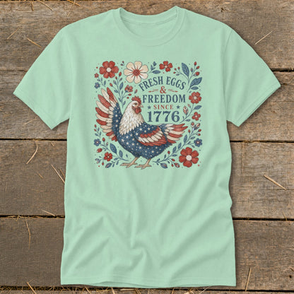 Chicken with American flag wings and "Fresh Eggs & Freedom Since 1776" text.