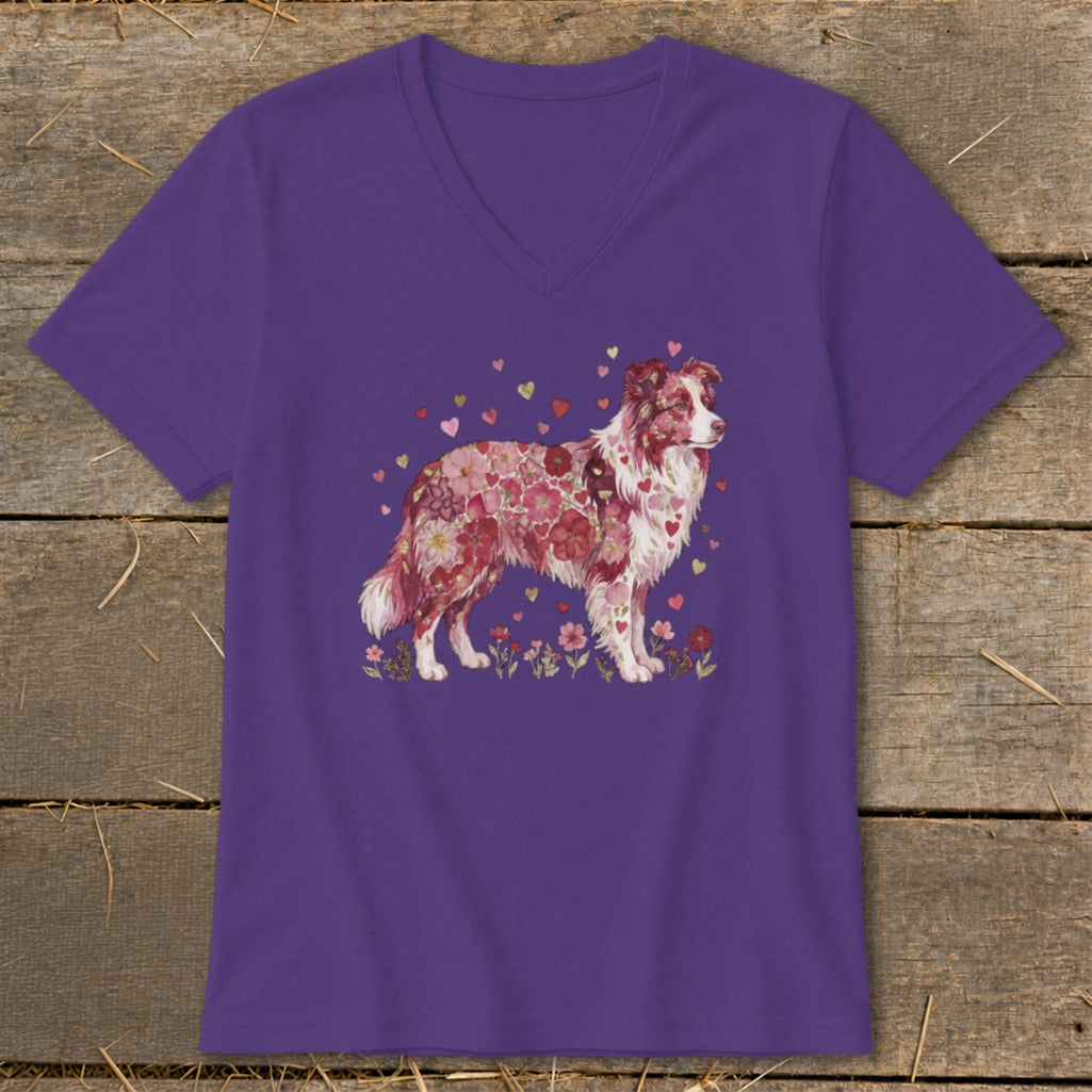 Purple t-shirt with a Border Collie covered in floral heart patterns.