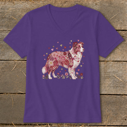 Purple t-shirt with a Border Collie covered in floral heart patterns.