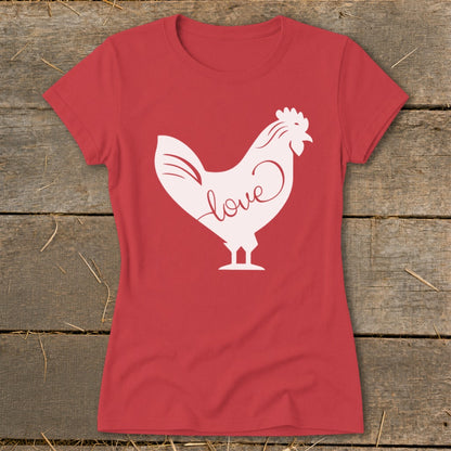 Red t-shirt with white rooster graphic and the word "love" on it.