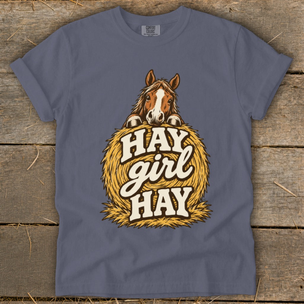 Brown horse peeking over hay bale with text "Hay girl Hay".