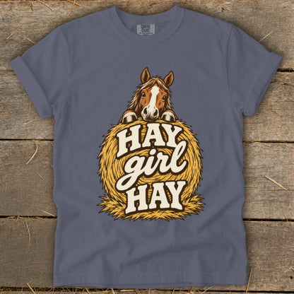 Brown horse peeking over hay bale with text "Hay girl Hay".