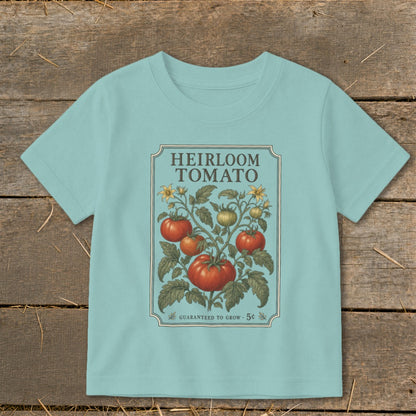 Light blue t-shirt with "Heirloom Tomato" and illustration of a tomato plant.