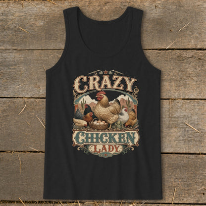 Black tank top with "Crazy Chicken Lady" design featuring chickens and eggs.