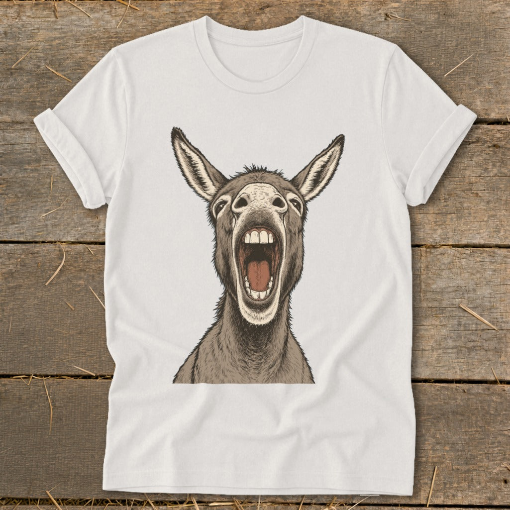 White t-shirt with a humorous illustration of a donkey with its mouth wide open.