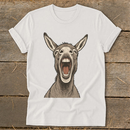 White t-shirt with a humorous illustration of a donkey with its mouth wide open.