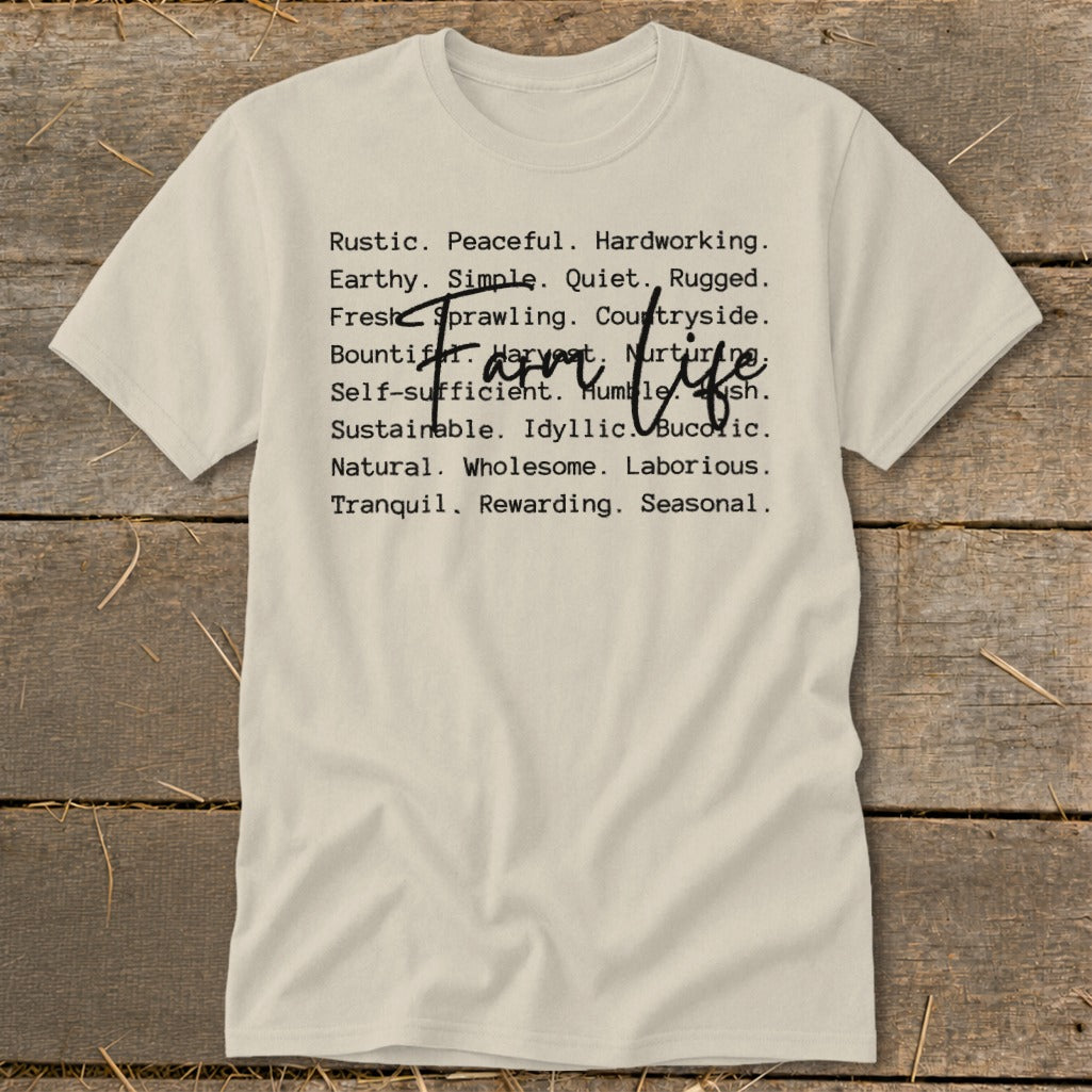 Cream t-shirt with "Farm life" and descriptive words in black text.
