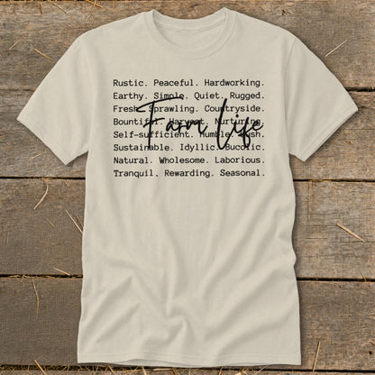 Cream t-shirt with "Farm life" and descriptive words in black text.