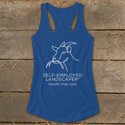 Blue tank top with white line drawing of a goat eating and text.