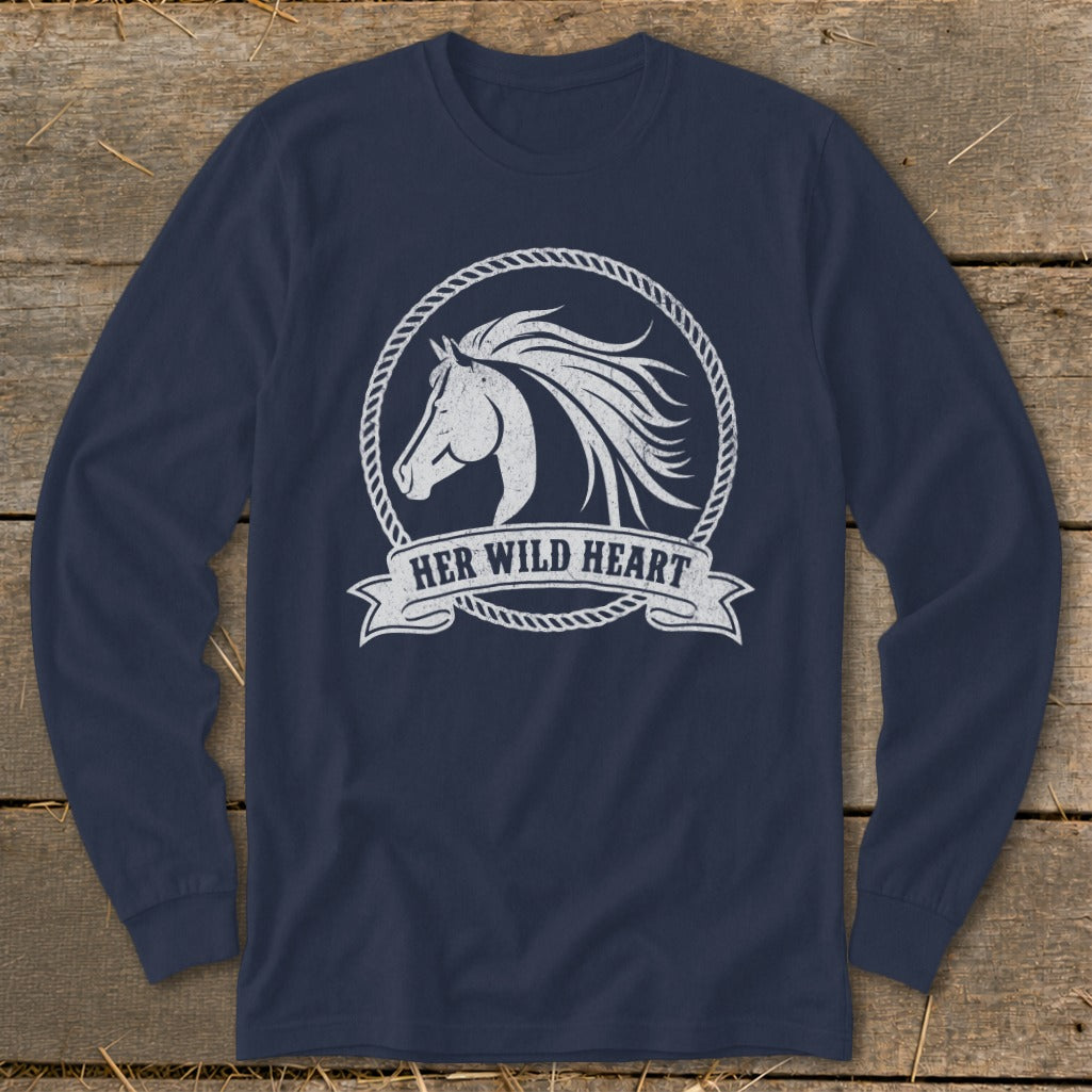 Navy long-sleeve shirt with white horse head inside rope circle and "HER WILD HEART" banner.