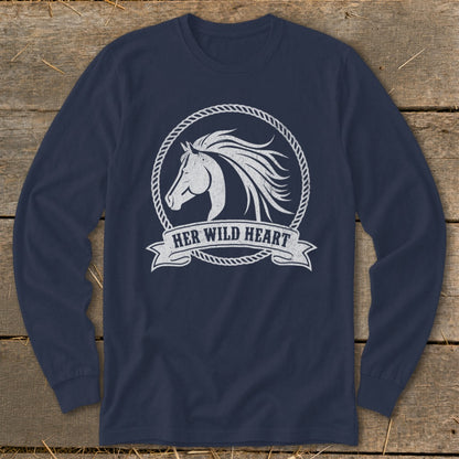 Navy long-sleeve shirt with white horse head inside rope circle and "HER WILD HEART" banner.