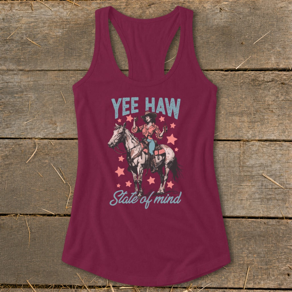 Maroon tank top with "Yee Haw" and a cowgirl on a horse graphic.