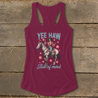 Maroon tank top with "Yee Haw" and a cowgirl on a horse graphic.