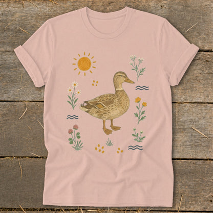 T-shirt with a mallard duck and floral watercolor illustration.