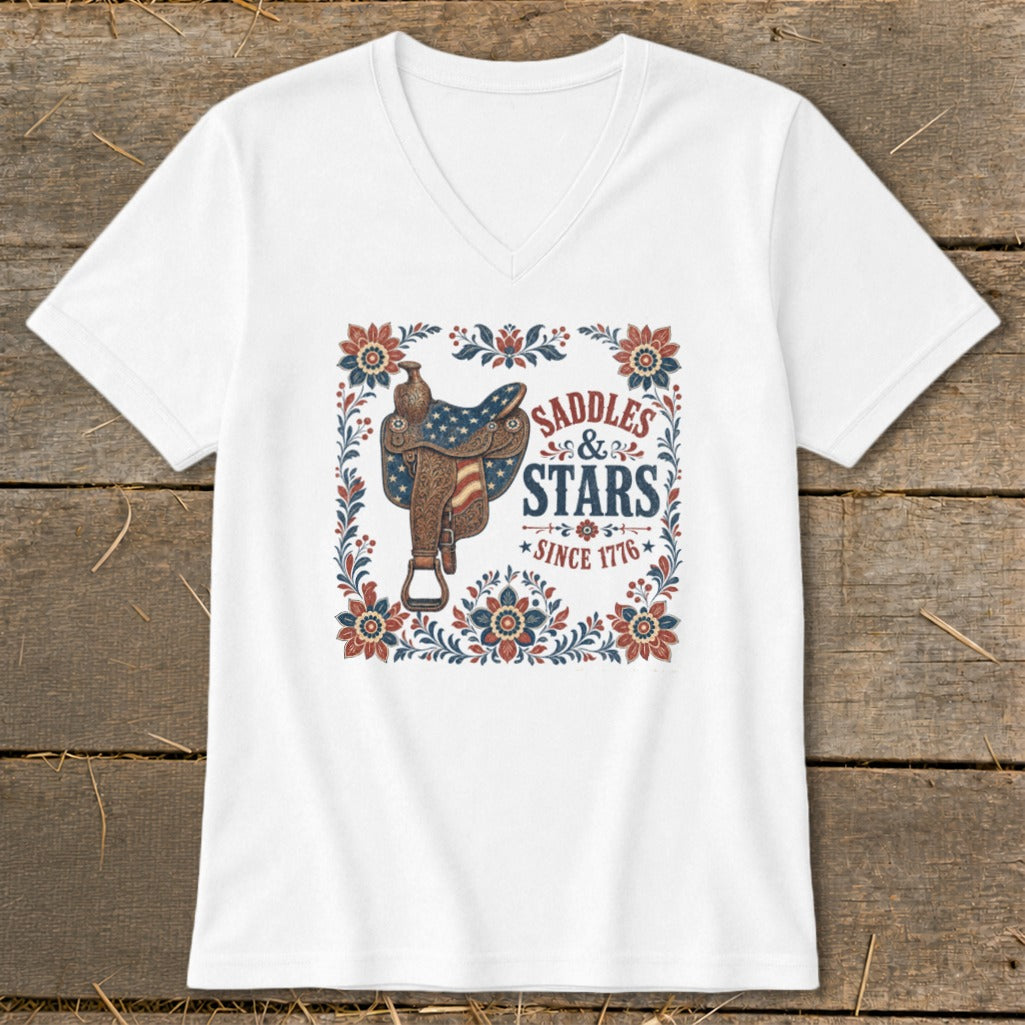 White t-shirt with "Saddles & Stars Since 1776" and a saddle.