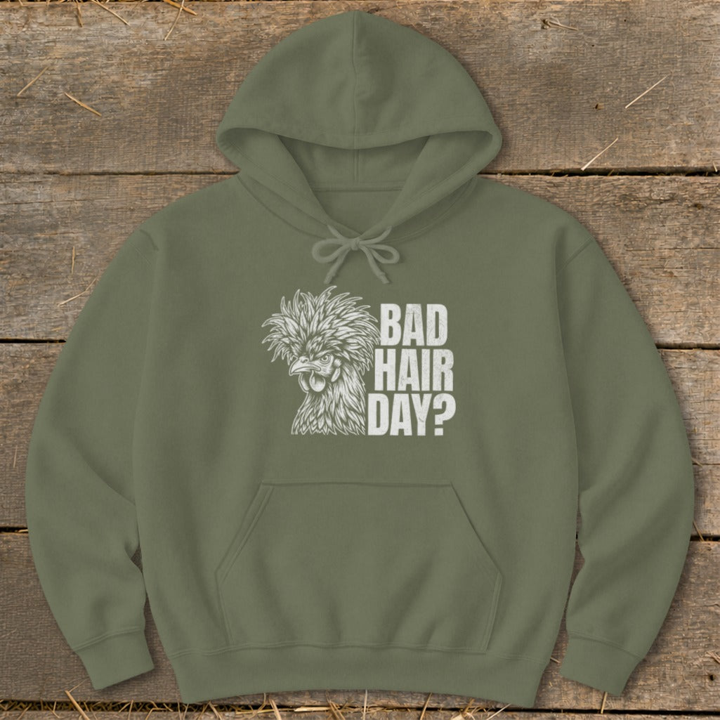 Olive green hoodie with "BAD HAIR DAY?" text and a fluffy chicken graphic.