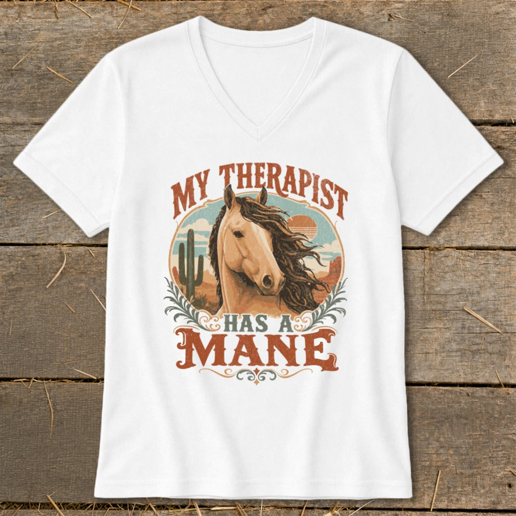 White t-shirt with "My Therapist Has A Mane" text and horse graphic.