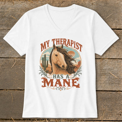 White t-shirt with "My Therapist Has A Mane" text and horse graphic.