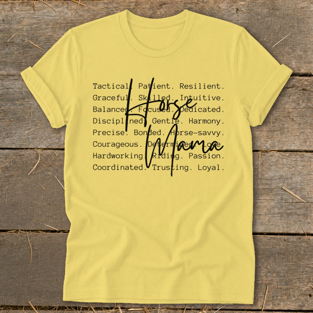 Yellow t-shirt with "Horse Mama" text and descriptive words.