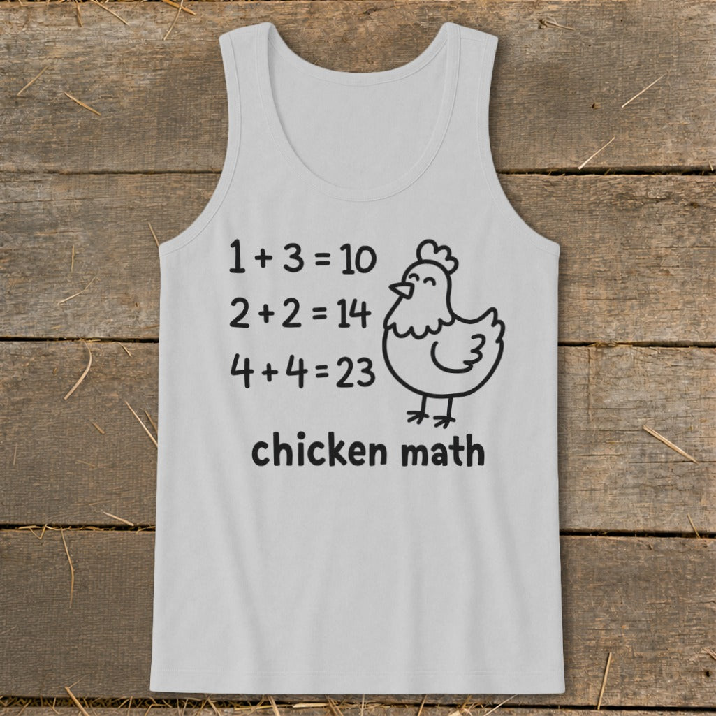White tank top with "chicken math" humorously incorrect math equations and a chicken graphic.