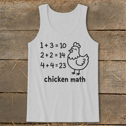 White tank top with "chicken math" humorously incorrect math equations and a chicken graphic.