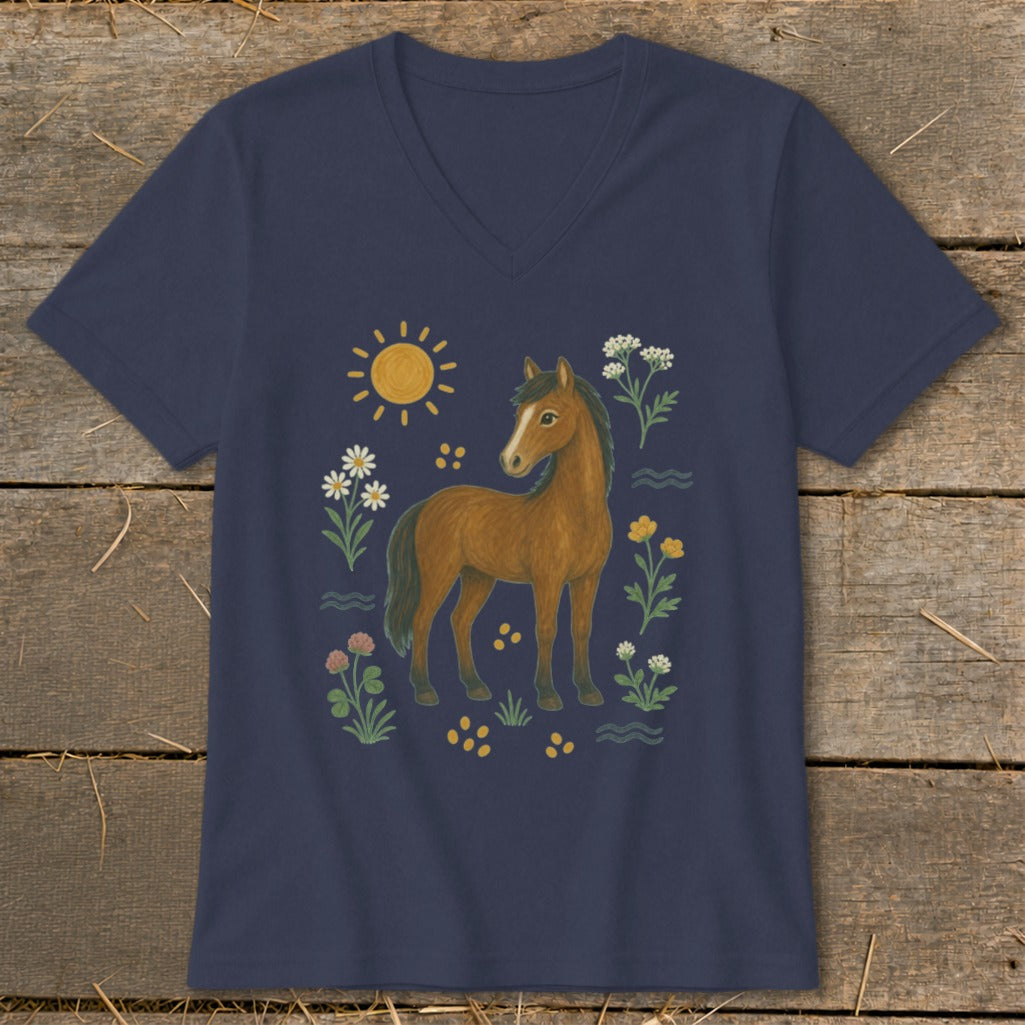 Navy v-neck t-shirt with a drawing of a brown horse and various flowers.