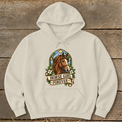 Cream hoodie with "Horse Girl Forever" text and horse head in stained glass style.