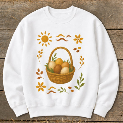 White sweatshirt with Easter basket and spring floral graphic.