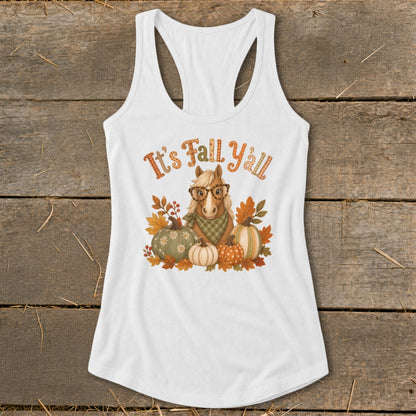 White tank top with horse, pumpkins, leaves, and "It's Fall Y'all" text.
