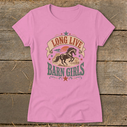 Pink t-shirt with "Long Live Barn Girls" text and a running horse graphic.