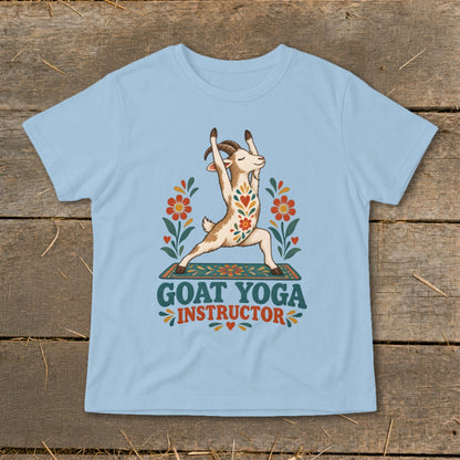 Light blue t-shirt with a goat in a yoga pose and the words "GOAT YOGA INSTRUCTOR".