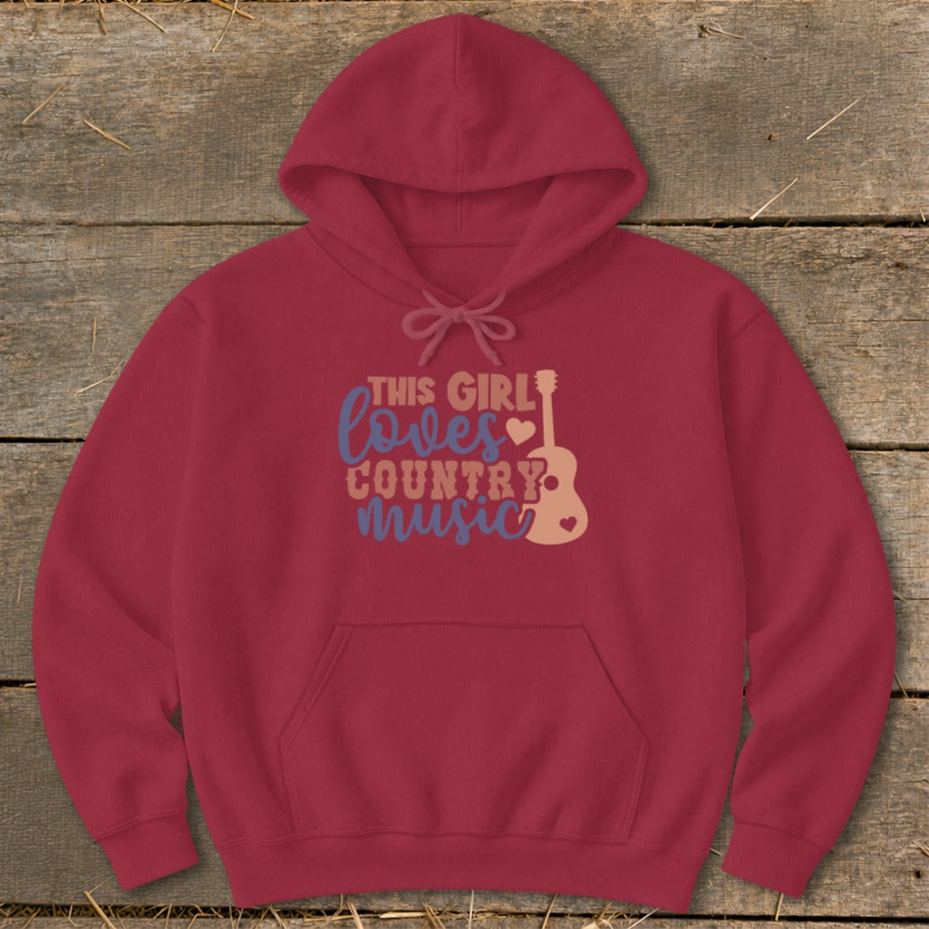 Maroon hoodie with "This girl loves country music" text and guitar graphic.