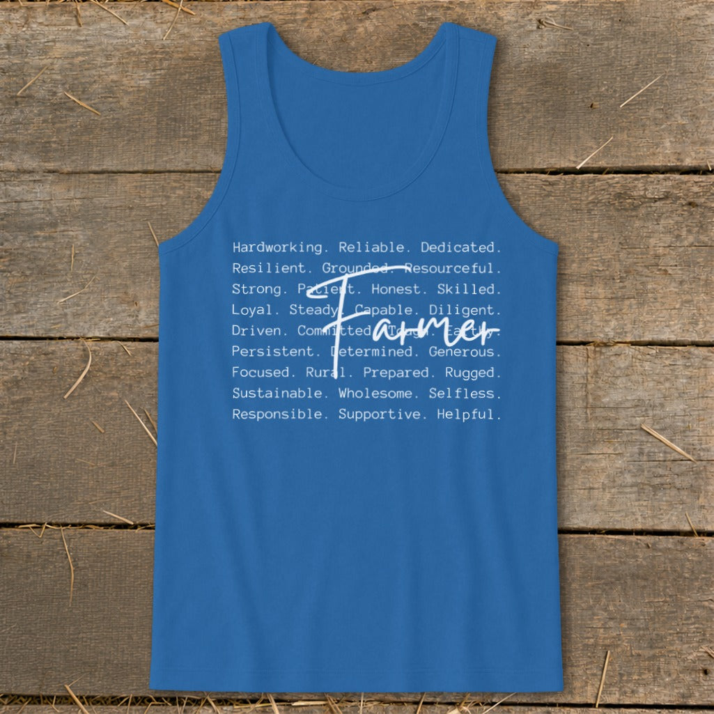 Blue tank top with white text listing farmer traits and the word "Farmer".