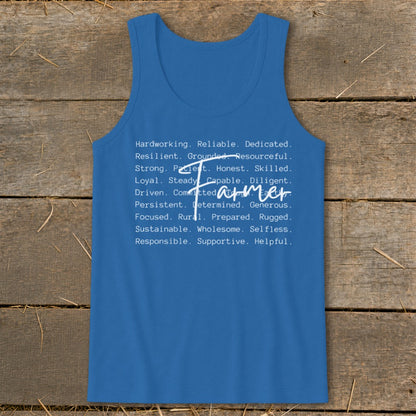 Blue tank top with white text listing farmer traits and the word "Farmer".