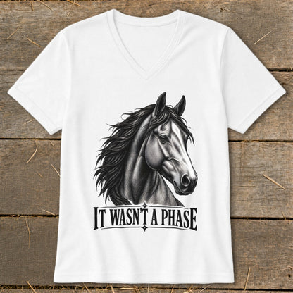 White v-neck t-shirt with a black and white sketch of a horse and the text "IT WASN'T A PHASE".